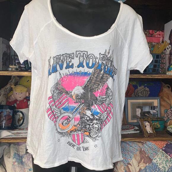 "LIVE TO RIDE" "RIDE OR DIE" COTTON MOTO TEE M BOHO BIKER FASHION -GREAT COLORS! - Picture 1 of 4